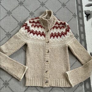 Decree Beige and Red Nordic Button-Up Turtleneck Cardigan